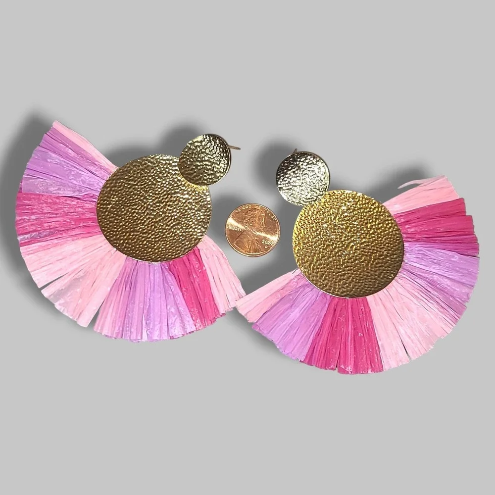 Pink Raffia Gold Tone‎ Hammered Metal Fan Tassel Statement Earrings
